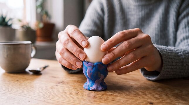 Person holding a soft boiled egg in a ceramic cup for breakfast