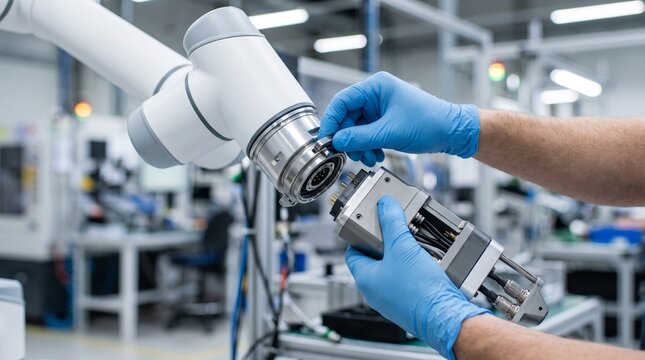 Engineer attaching a robotic end effector to a cobot arm in factory