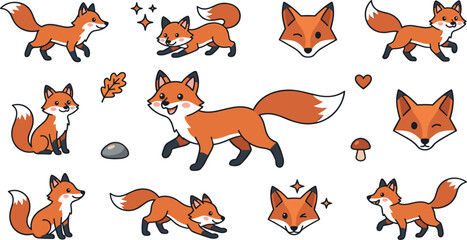 Obraz premium Cute Red Fox Character Icon Set with Various Poses Faces Expressions and Forest Elements for Children Book and Autumn Graphic Designs