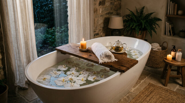 Luxury Stone Bathtub with Wooden Tray and Candle in Spa Setting