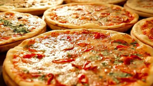 Freshly baked assorted pizzas with cheese, tomatoes and herbs, delicious Italian cuisine served on rustic table, close up food background