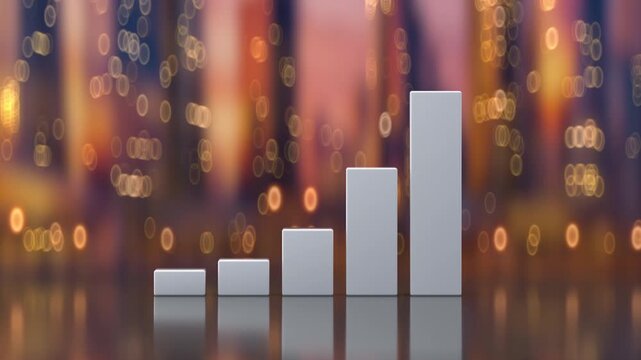 Minimal bar chart showing steady upward growth against blurred city lights. Concept of business success, financial growth, investment and economic progress. 3D Render Animation