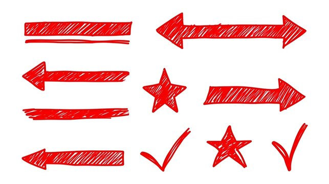 Hand line arrow drawn set. Hand drawn line arrow underline pen marker check highlight red scribble. Star note memo sticker focus checkmark texture background. Vector illustration Stock Vector