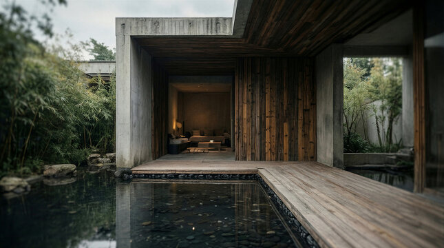 Reflecting pool garden framing minimalist concrete pavilion residence with deep overhang and internal stone courtyard