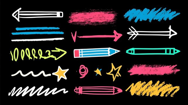 Arrow hand drawn line set. Hand drawn arrow line mark underline check brush doodle sketch highlight. Chalk marker scribble circle curve tick sign grunge blackboard background. Vector illustration