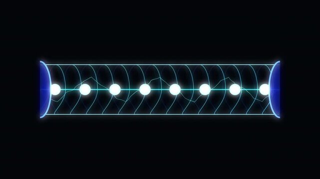 Abstract futuristic loop animation of glowing spheres with electric discharges inside a mesh metal pipe