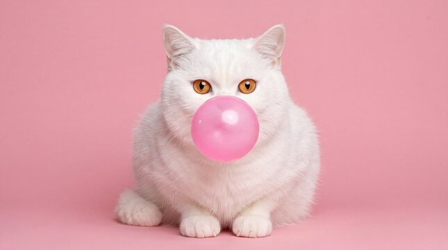 Funny white cat blowing a pink bubble gum on a matching pastel pink background.