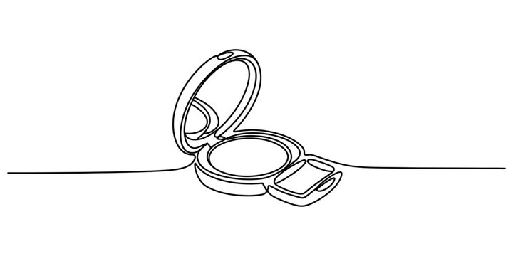 Continuous single line drawing of an open face powder compact with a mirror