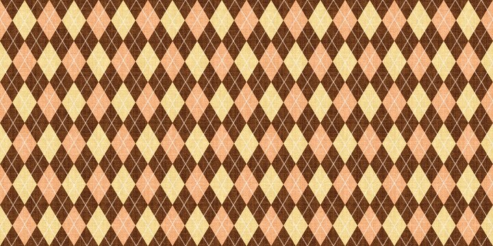 Seamless autumn argyle pattern with brown, beige, and peach diamonds on textured fabric canvas background. Ideal for fall fashion, textiles, or cozy design projects.