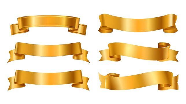 realistic shiny gold ribbon banner collection Gold ribbon banner, shiny blank decor element template for congratulation text, caption Golden ribbon banner 3d render - simple text tag or label 