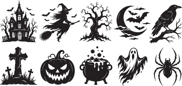 Halloween Gothic Silhouette Collection with Haunted House, Flying Witch, Dead Tree, Crescent Moon, Raven, Scarecrow, Pumpkin, Cauldron, Ghost and Spider