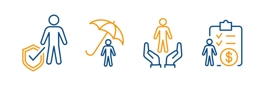life insurance icons, person with shield, care and security for the people, life insurance outline icon set, editable stroke vector illustration eps10