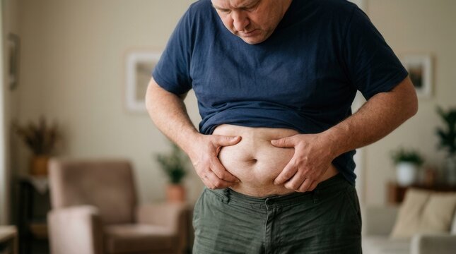 Overweight man holding belly fat representing obesity and excess body fat.