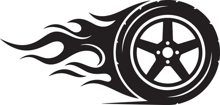 Black car wheel icon with stylized flames for racing and automotive speed design concepts.