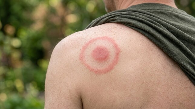Red rash patch on an adult man's back as a sign of Lyme disease or Lyme borreliosis.