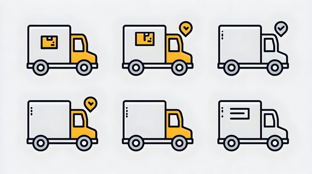 Simple line-art icon set of delivery trucks: logistics, courier, e-commerce, delivery status, and shipping Stock Vector