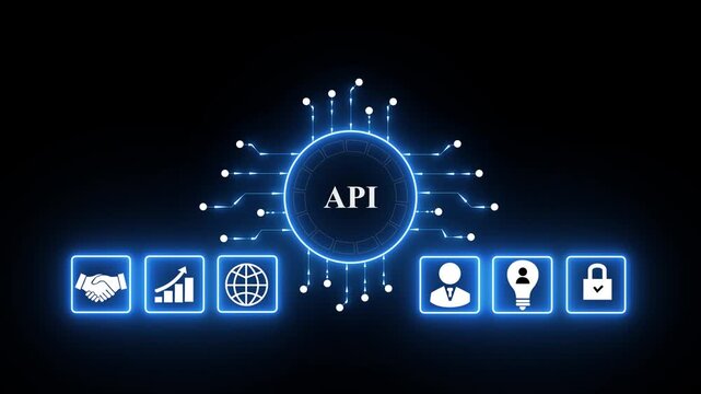 API Development and Cloud Computing Programming Concept. Software Integration and Digital Icons 4K Looping Animation