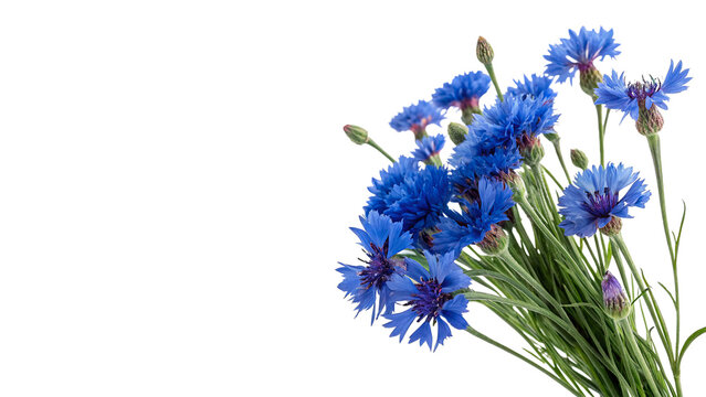 Fresh bouquet of blue cornflowers wild blossoms isolated on transparent background for summer wedding greeting cards.