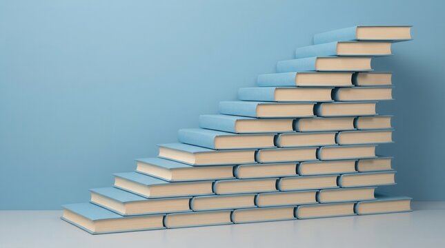 Conceptual staircase made of books symbolizing knowledge, education, learning, and growth against a plain blue background.