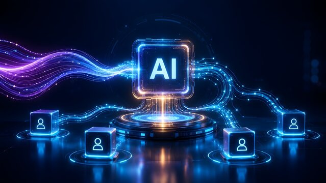 Futuristic artificial intelligence microchip processing network of user nodes through glowing digital data streams