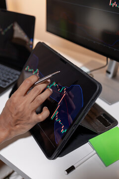 Professional trader analyzing stock market charts across multiple screens using laptop and tablet to monitor price movements, technical indicators and investment strategies in modern trading workspace
