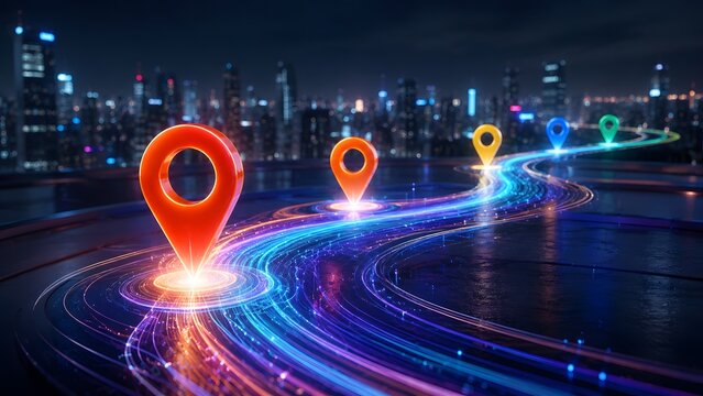 Glowing digital data path with colorful location pins navigating towards a futuristic night city skyline