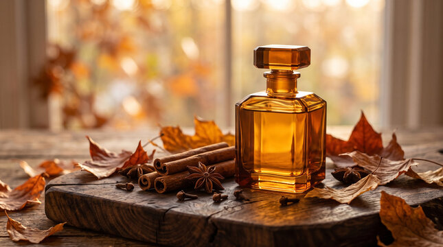 Vintage Amber Perfume Bottle with Cinnamon and Dried Autumn Leaves