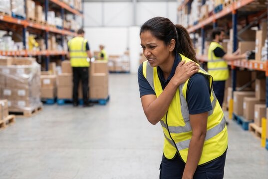 Female logistics worker feeling shoulder injury pain while working in a warehouse