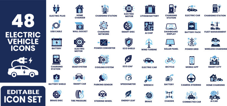 Electric vehicle icon set. Modern 48 icons for electric motor, lithium battery, charging station, driver assistance, smart dashboard and more.