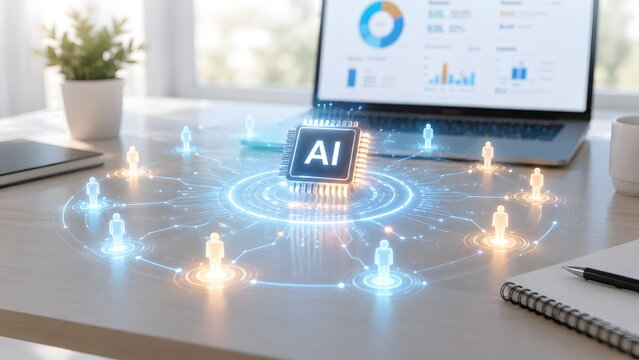 Office desk with a laptop and a glowing AI processor connecting to a digital network of team figures demonstrating corporate tech integration