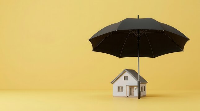 Small house model under a black umbrella on a yellow banner background for home insurance and property protection concepts.