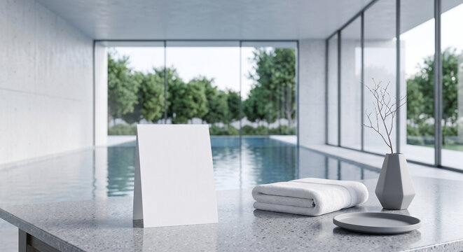 Blank white table tent card on a stone counter by an indoor swimming pool. Towel and minimalist vase decor. Spa or wellness retreat mockup.