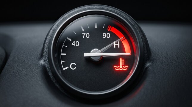 Close up view of a car engine coolant temperature gauge pointing to hot level