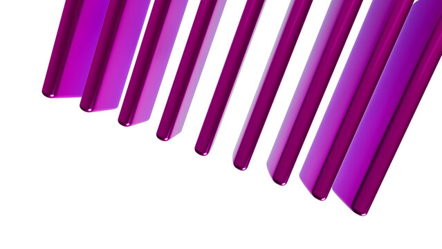 Abstract 3d render of glossy purple rectangular bars arranged in a diagonal pattern isolated on transparent background