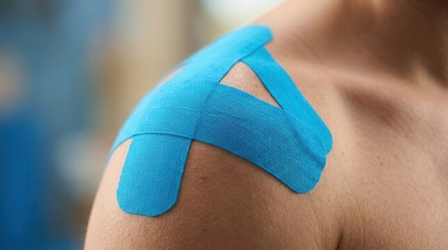 Close-up of a muscle support or pain relief patch applied to skin for pain management and wellness treatment.
