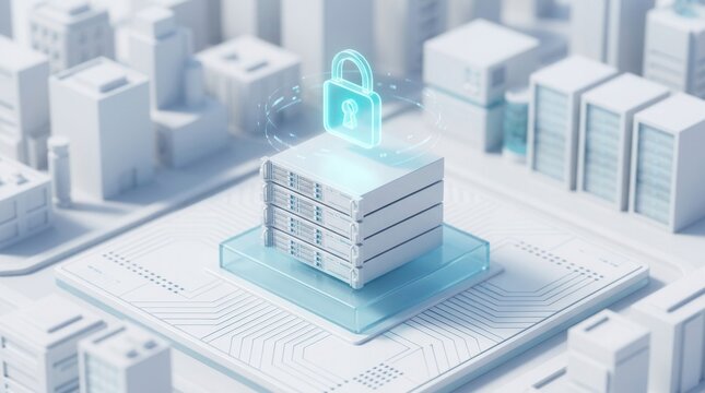 Secure server platform featuring a cybersecurity padlock icon for cloud security and data protection.