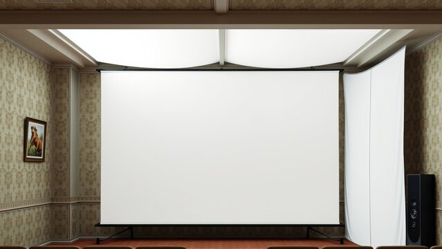 Home theater setup features large white screen, dark walls, patterned wallpaper, speaker system. Room appears ready for movie viewing.