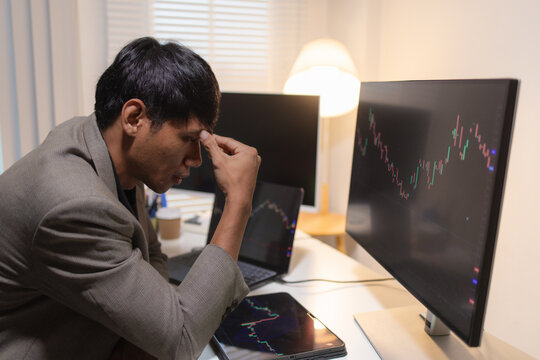 Professional financial analyst reviewing stock market charts across multiple screens using a tablet, laptop and calculator to evaluate price movements, technical indicators, and investment strategies.