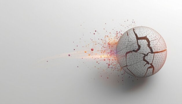 Silver sphere shattering and dissolving into orange light particles on a light grey background with shattering ball light trail abstract sphere metallic sphere breaking sphere exploding ball