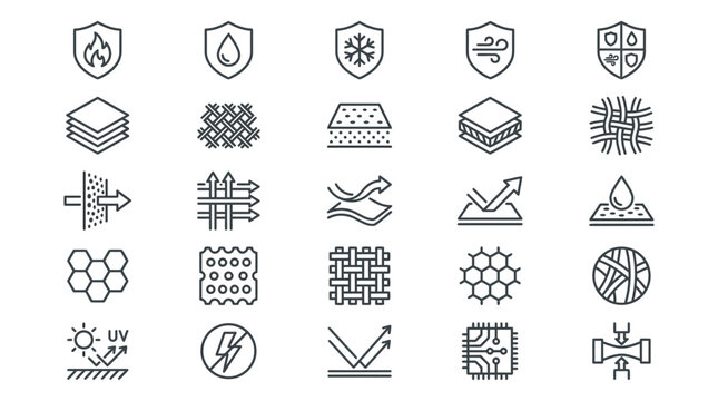 Minimalist vector illustration showing diverse fabric and material technical property icons for industrial textile design usage