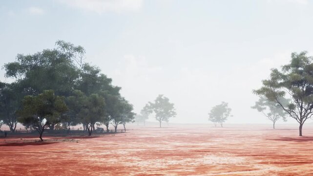 A wide open area shows red soil with patches of grass and trees. The scene has few clouds, and there is no sign of people or buildings nearby. It appears to be early in the day.