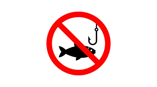 No fishing allowed warning sign featuring a vector graphic illustration of a hook and fish