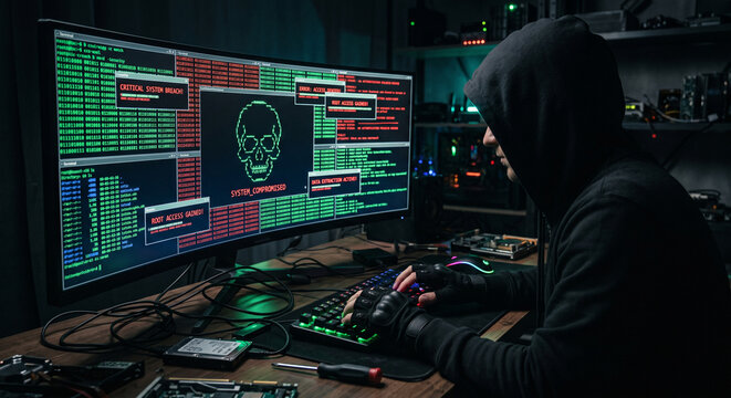 Anonymous hacker in a black hoodie typing on a keyboard in a dark room. The monitor displays a green skull and critical system breach warnings.