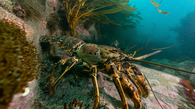 Spiny lobster on rocky reef with kelp