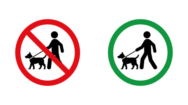 Vector graphic illustration showing prohibition and permission signs for walking dogs in public park areas