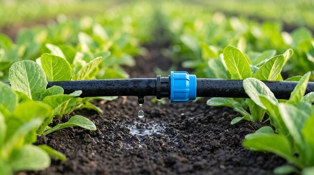 Drip irrigation system watering young green leafy plants in the garden