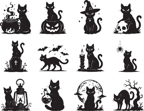 Halloween Black Cat Silhouette Collection with Cauldron, Pumpkin, Witch Hat, Skull, Graveyard, Candle, Spider, Lantern and Moon