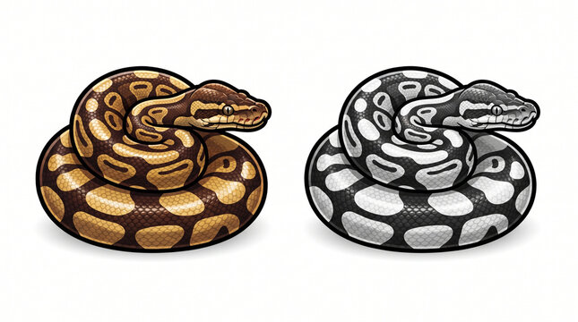 Two Identical Big 3D Ball Python Snake Illustrations &ndash; Colorful and Black-and-White Vector Set