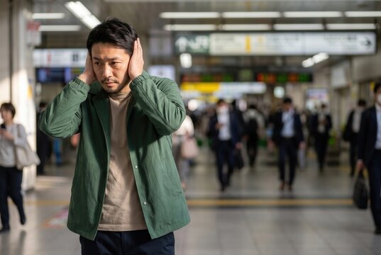 Man covering ears in a busy subway station suffering from noise pollution and stress