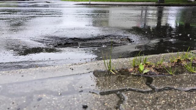 Water flowing over street drain on rainy day, creating puddles on asphalt and wet sidewalk with grass next to curb, showing urban drainage system overflow